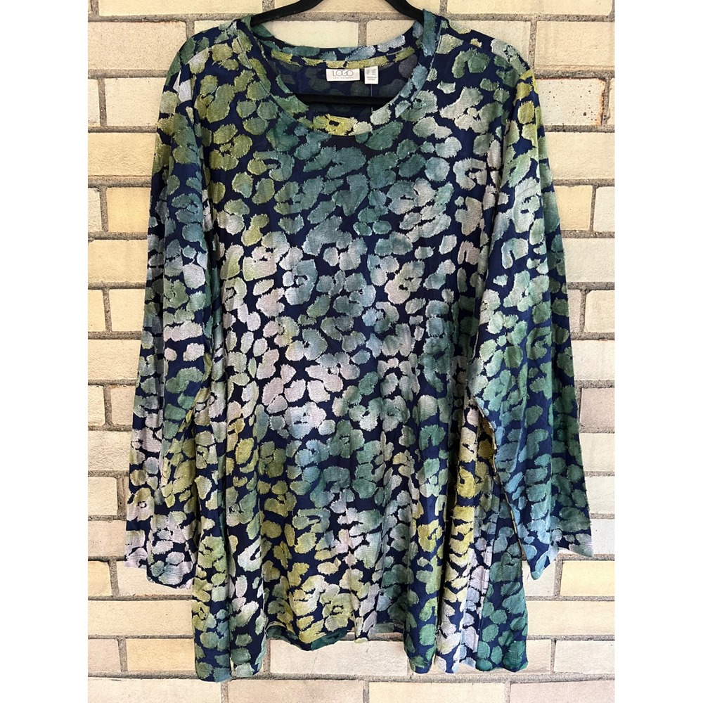 LOGO Lori Goldstein Tie Dye Leopard Jacquard Tunic Top Green Blue Plus Size 3X